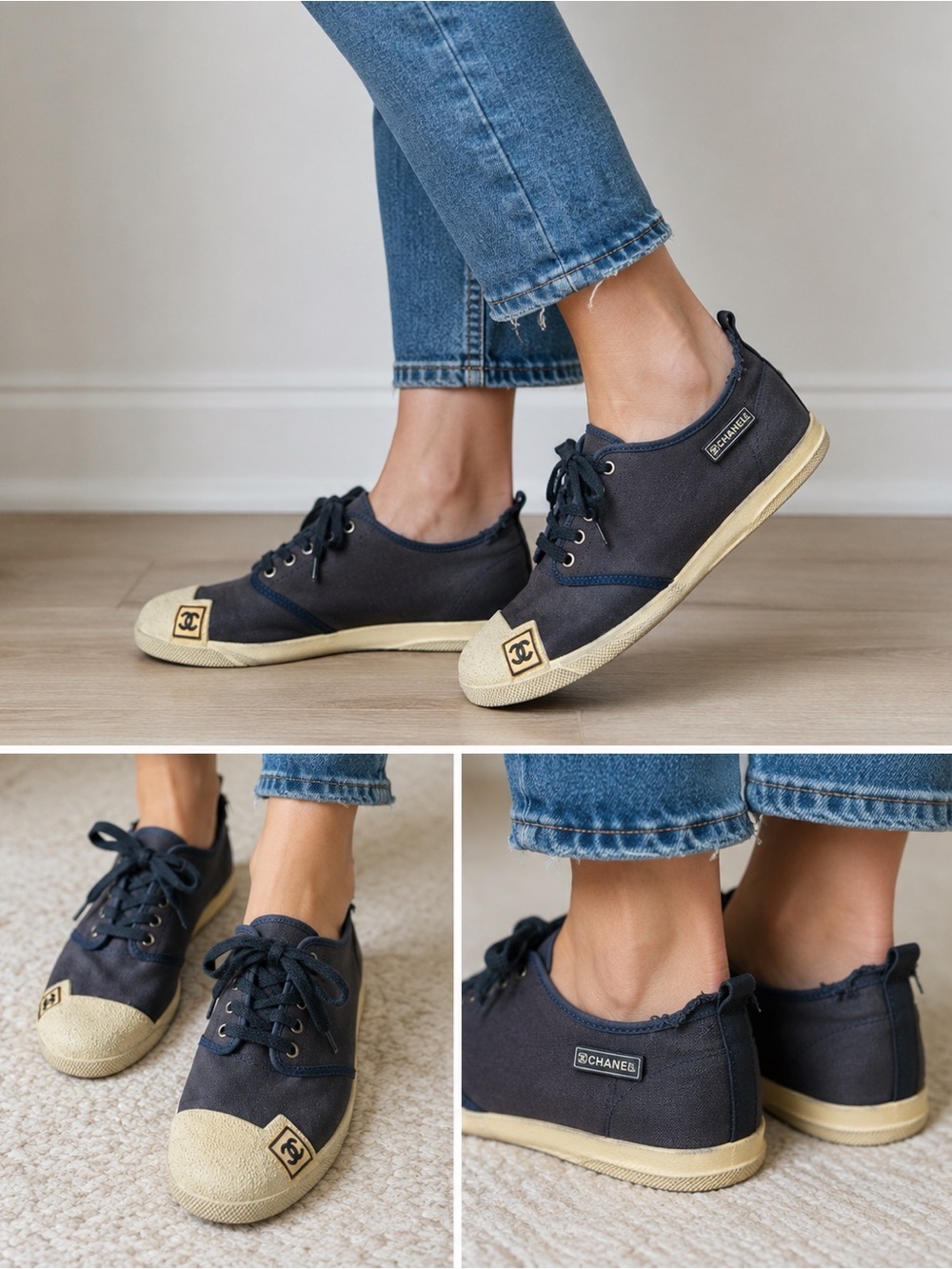 Vintage CHANEL CC Canvas Lace Up Sneakers Navy Blue Women’s EU 36 US 6 Spain